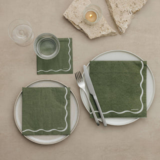 Manor Road Linen Olive & White Cocktail Napkins